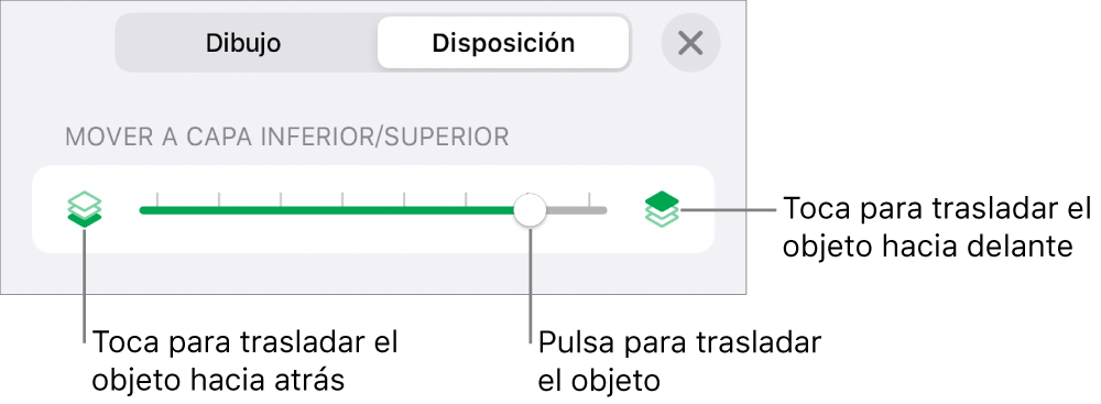 Botón “Mover hacia atrás”, botón “Mover hacia delante” y regulador de capa.