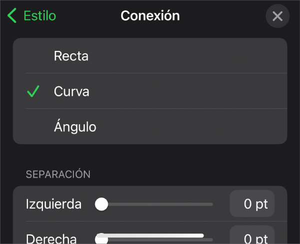 Controles de Conexión con la opción Curva seleccionada.