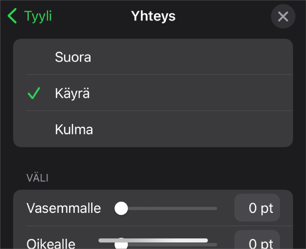 Yhteys-säätimet ja Käyrä valittuna.