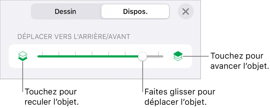 Le bouton de déplacement vers l’arrière, le bouton de déplacement vers l’avant et le curseur de superposition.