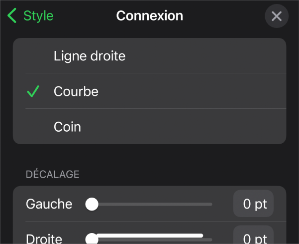 Les commandes Connexion avec l’option Courbe sélectionnée.