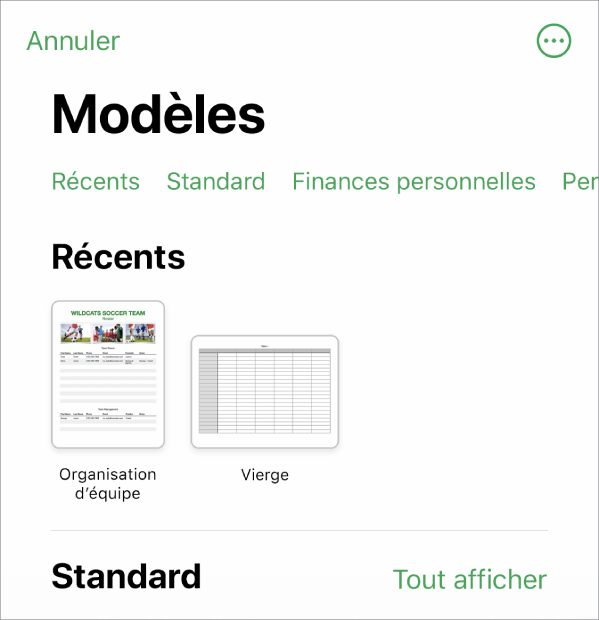 Le sélecteur de modèles affiche en haut une rangée de catégories que vous pouvez toucher pour filtrer les options. En dessous, des vignettes de modèles prédéfinis sont disposées en rangées par catégorie, en commençant en haut par Récents, suivi de Standard. Un bouton « Voir tout » apparaît au-dessus et à droite de la ligne de chacune des catégories. Le bouton Langue et région se trouve dans le coin supérieur droit.