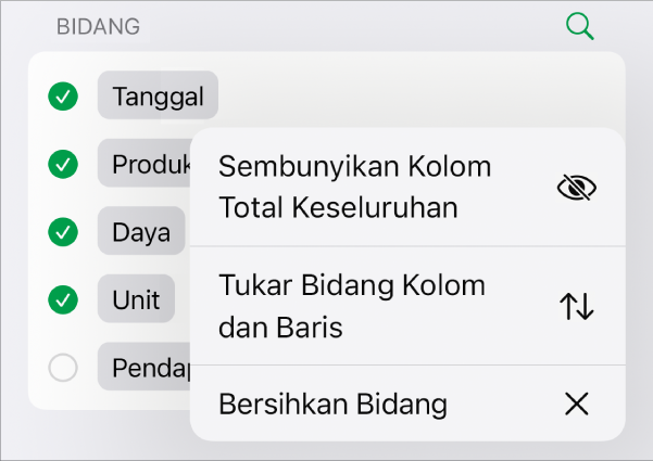 Menu Pilihan Bidang Lainnya, menampilkan kontrol untuk menyembunyikan total keseluruhan, menukar bidang kolom dan baris, dan membersihkan bidang.