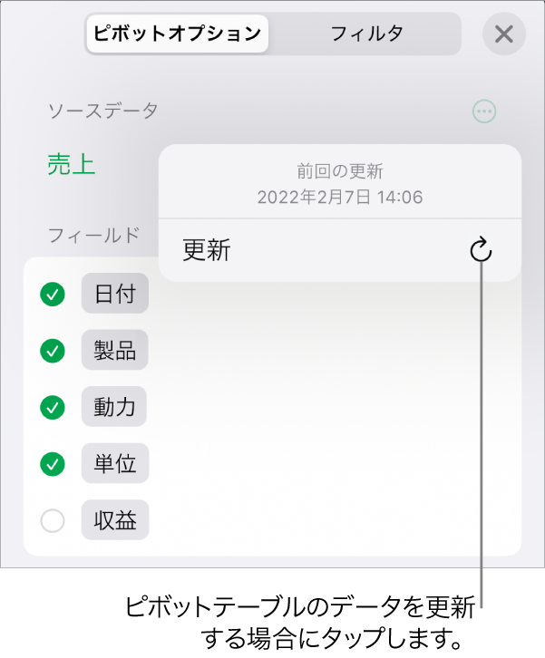 「ピボットオプション」タブ。ピボットテーブルを更新するためのオプションが表示されています。