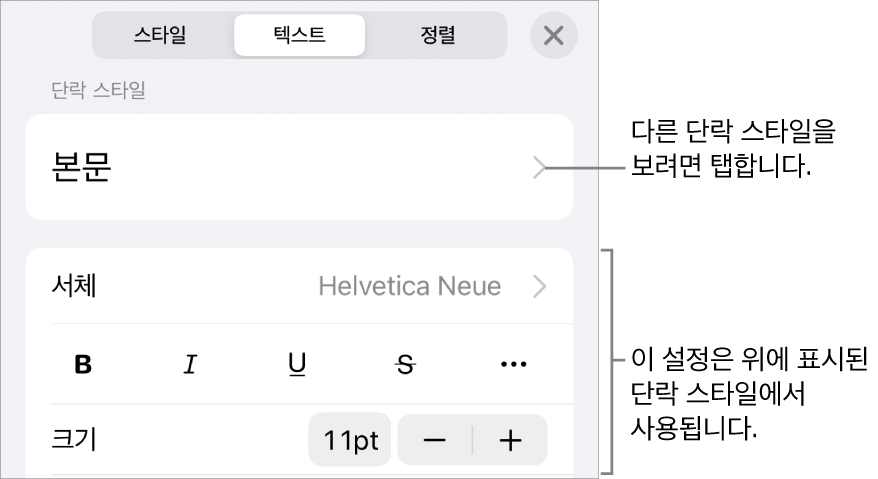 단락 및 문자 스타일, 서체, 크기 및 색상을 설정할 수 있는 텍스트 제어기를 표시하는 포맷 메뉴.