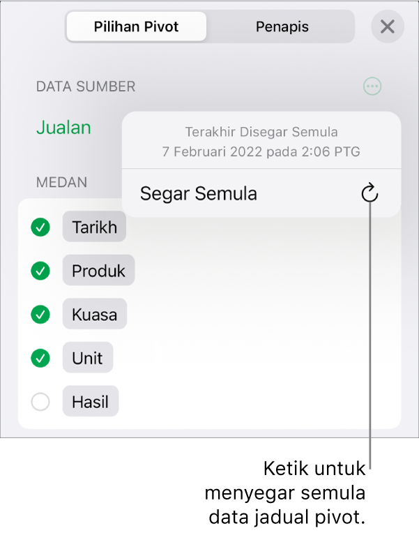 Tab Pilihan Pivot menunjukkan pilihan untuk menyegar semula jadual pivot.