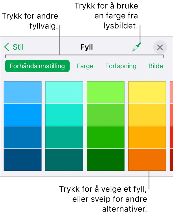 Fyllalternativer i Stil-fanen for Format-knappen.