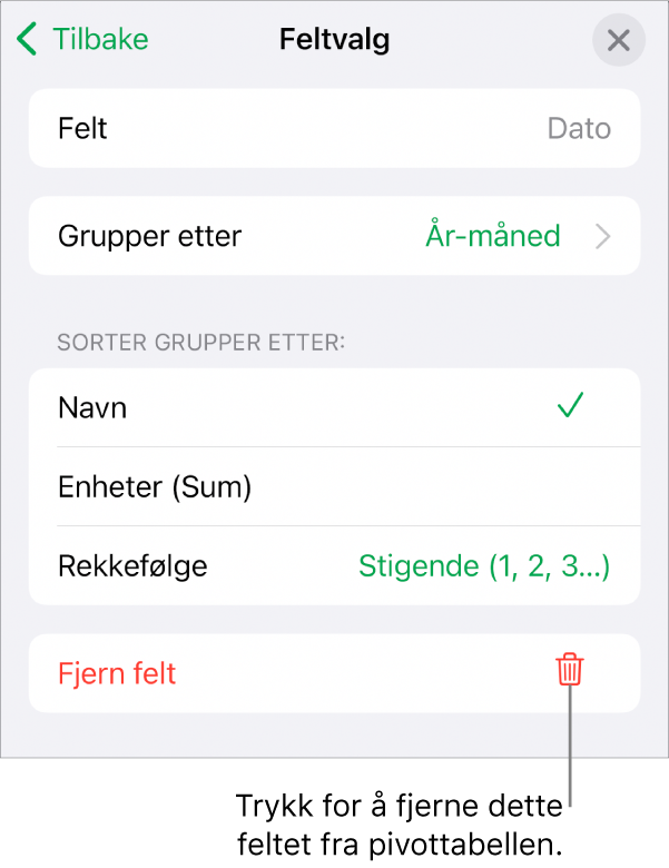 Feltvalg-menyen med kontroller for å gruppere og sortere data samt valget for å fjerne et felt.