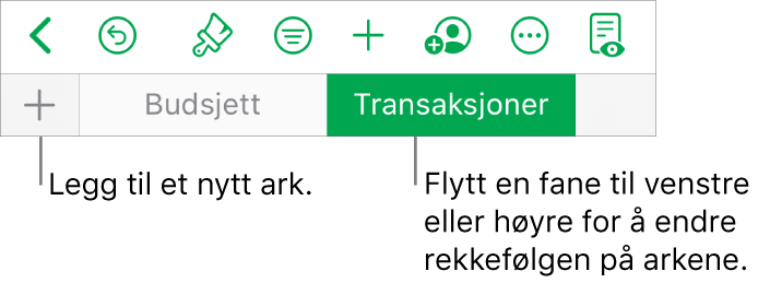 Fanelinjen for å legge til et nytt ark og navigere, sortere og omorganisere ark.