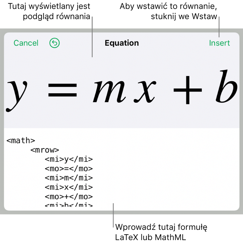 Kod MathML równania nachylenia linii oraz podgląd tej formuły powyżej.