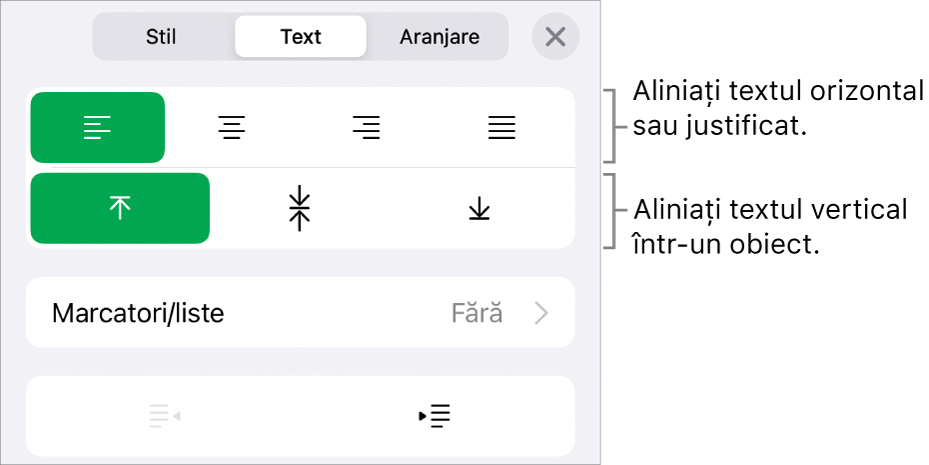 Secțiunea Aranjament a inspectorului Format cu explicații pentru butoanele de aliniere a textului și de spațiere.