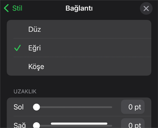 Eğri seçili olan Bağlantı denetimleri.