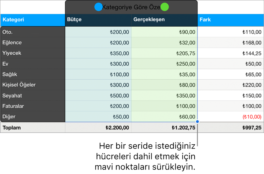 Seri seçim tutamaklarını gösteren tablo hücreleri.