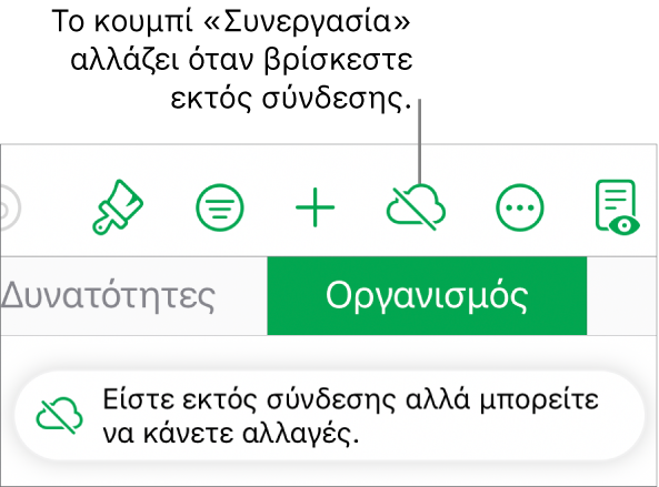 Τα κουμπιά στο πάνω μέρος της οθόνης, με το κουμπί «Συνεργασία» που έχει αλλάξει σε σύννεφο με μια διαγώνια γραμμή που το διαπερνά. Μια ειδοποίηση στην οθόνη που λέει «Είστε εκτός σύνδεσης αλλά μπορείτε να κάνετε αλλαγές».