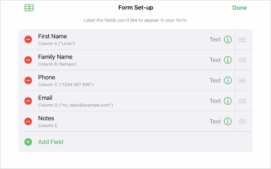 Form set-up mode, showing options to add, edit, reorder and delete fields, as well as to change the format of fields (such as from Text to Percentage).