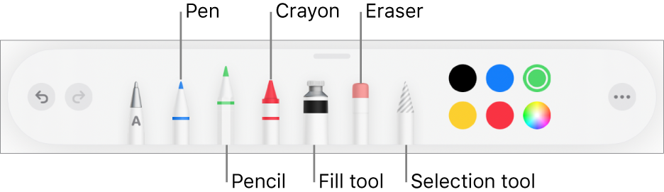 The drawing toolbar with a pen, pencil, crayon, fill tool, eraser, selection tool and colours. On the far right is the More menu button