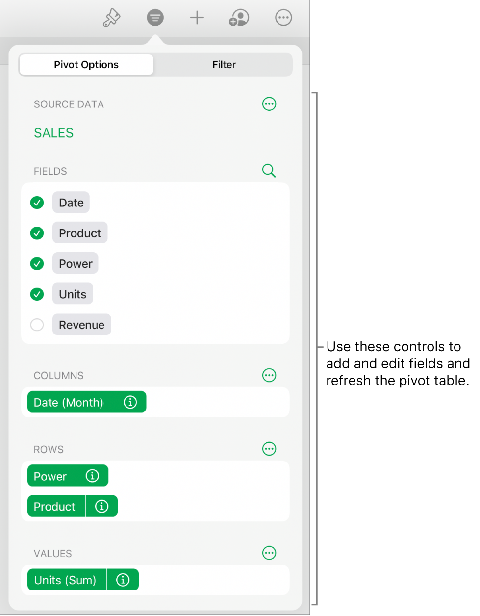 The Pivot Options menu showing fields in the Columns, Rows and Values sections, as well as controls to edit the fields.