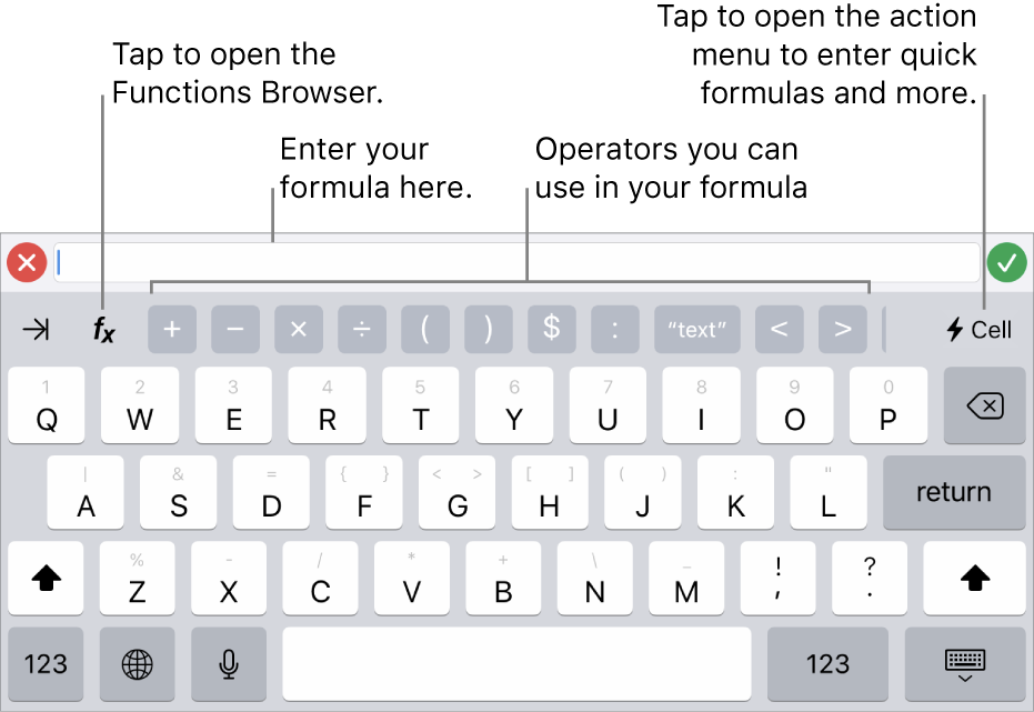 The formula keyboard, with the formula editor at the top and the operators used in formulas below it. The Functions button for opening the Functions Browser is to the left of the operators, and the Action menu button is to the right.