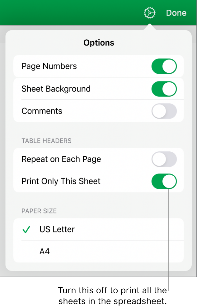 The print preview pane, with controls for showing page numbers, repeating headers on each page, changing the paper size, and choosing to print the entire spreadsheet or only the current sheet.