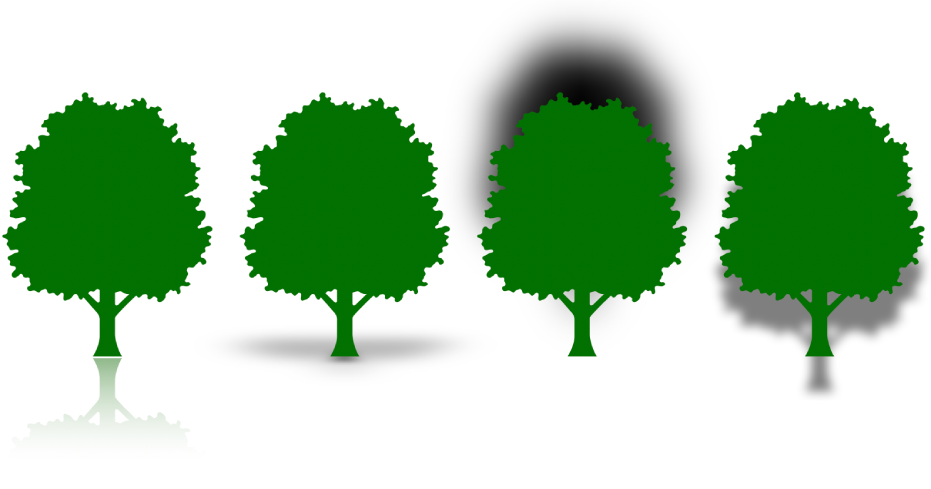 Four tree shapes with different reflections and shadows. One has a reflection, one has a contact shadow, one has a curved shadow and one has a drop shadow.