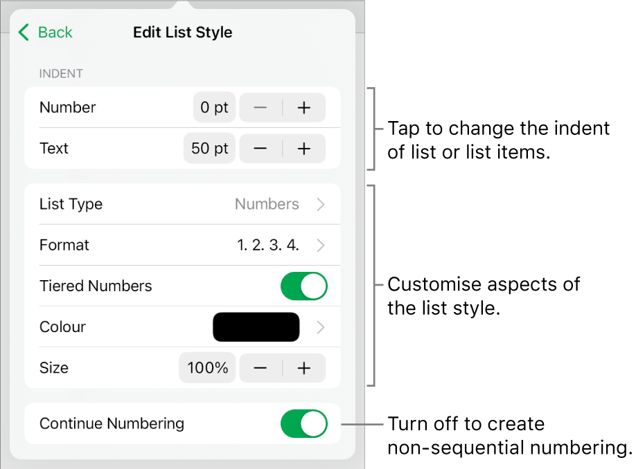Edit List Style menu with controls for indent spacing, list type and format, tiered numbers, list colour and size, and continued numbering.