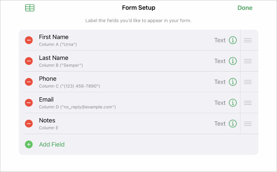 Form setup mode, showing options to add, edit, reorder, and delete fields, as well as to change the format of fields (such as from Text to Percentage).
