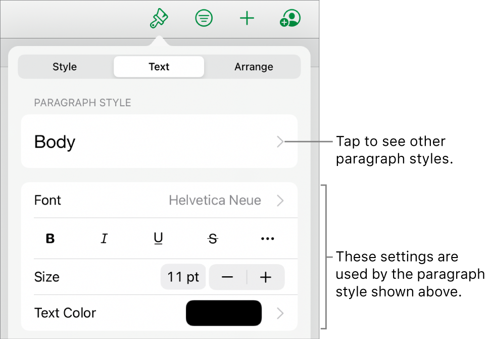 The Format menu showing text controls for setting paragraph and character styles, font, size, and color.