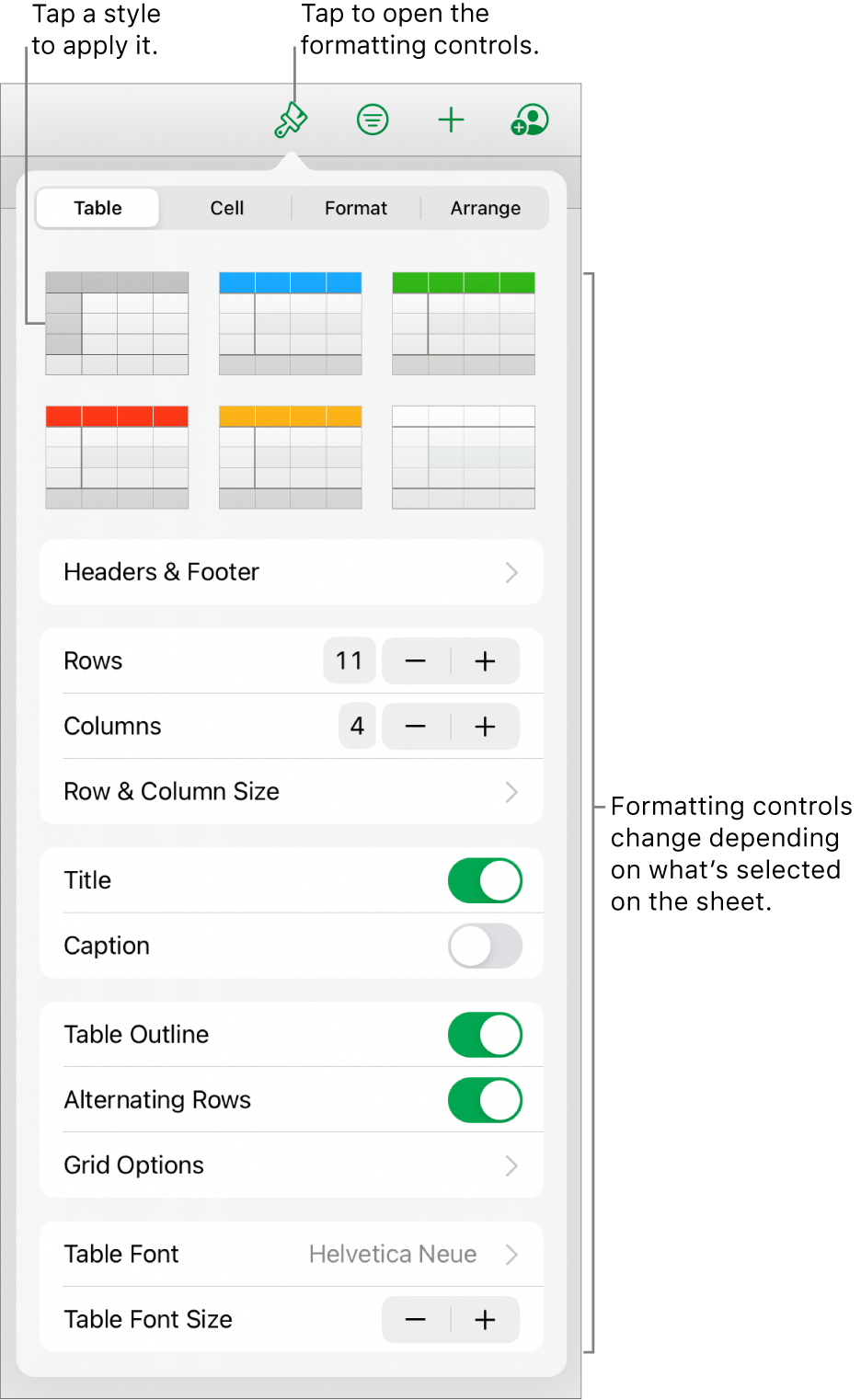 The Table pane of the Format button.