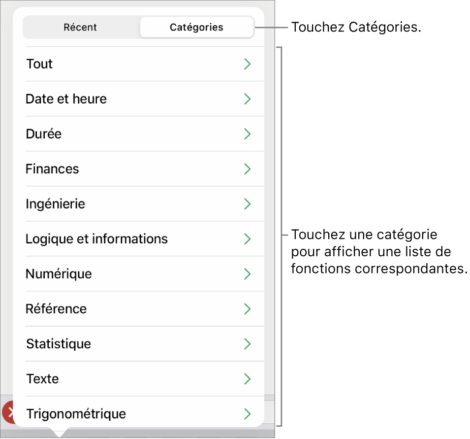 Navigateur des fonctions avec le bouton Catégories sélectionné et la liste des catégories en dessous.