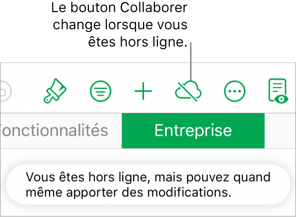 Les boutons en haut de l’écran, avec le bouton Collaborer changé en un nuage traversé par une ligne diagonale. Une alerte à l’écran indique « Vous êtes hors ligne, mais pouvez quand même apporter des modifications ».