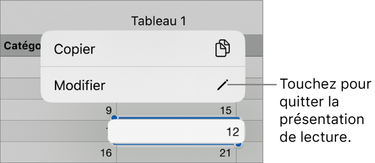 Une cellule de tableau est sélectionnée. Au-dessus de celle-ci s’affiche un menu avec les boutons Copier et Modifier.