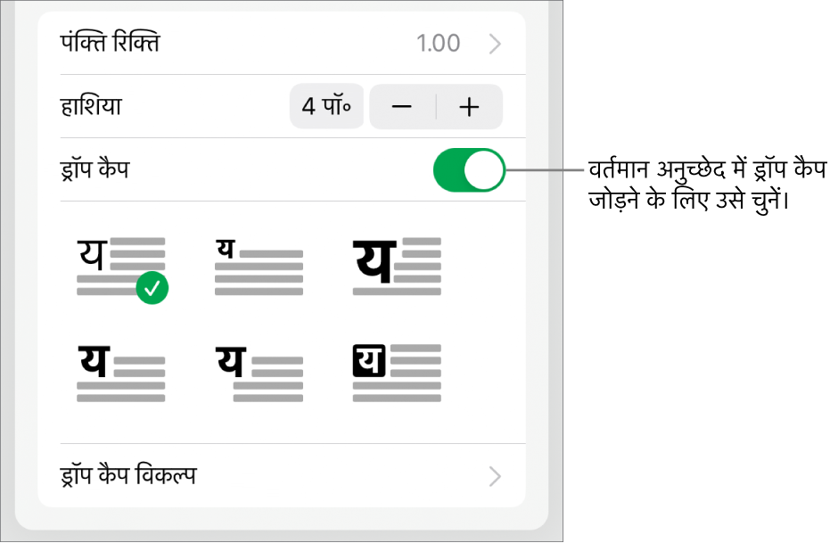 ड्रॉप कैप नियंत्रण, टेक्स्ट मेनू के नीचे होते हैं।