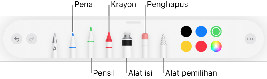 Bar alat gambar dengan pena, pensil, krayon, alat isi, penghapus, alat pemilihan, dan warna. Di ujung kanan terdapat tombol menu Lainnya