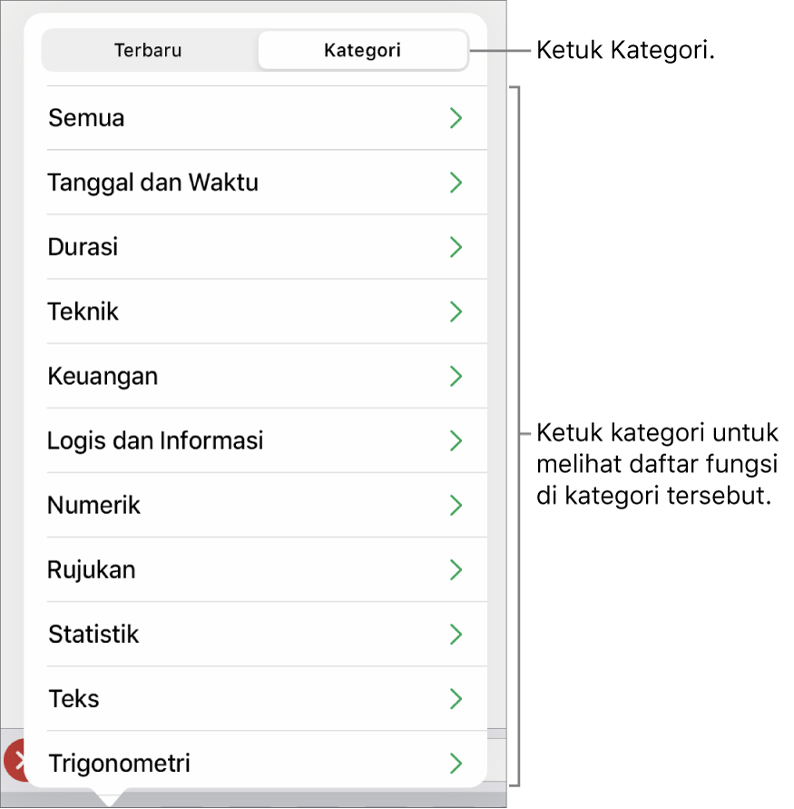 Browser Fungsi dengan tombol Kategori dipilih, dan daftar kategori di bawah.