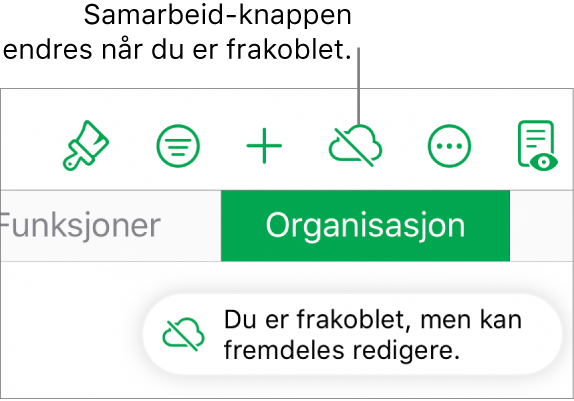 Knappene øverst på skjermen, med Samarbeid-knappen endret til en sky med en diagonal linje gjennom. Et varsel på skjermen sier «Du er frakoblet, men kan fremdeles redigere.»