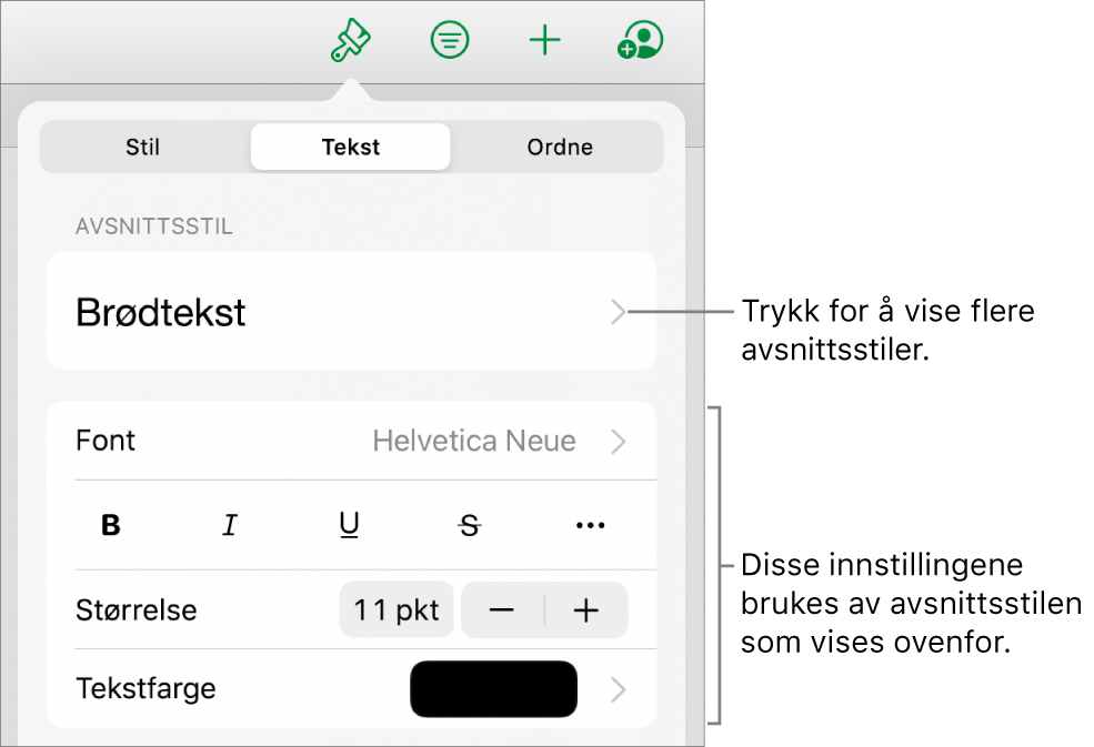 Format-menyen som viser tekstkontroller for å angi avsnitts- og tegnstiler, font, størrelse og farge.