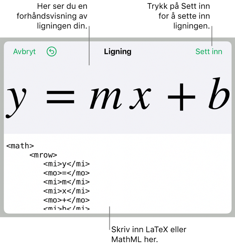 MathML-kode for en ligning for stigningen til en linje, og en forhåndsvisning av formelen ovenfor.
