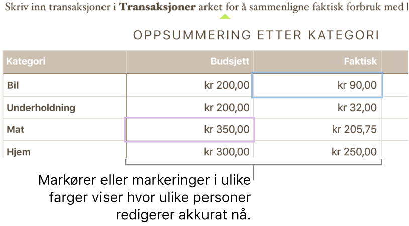 Markører eller markeringer i forskjellige farger viser hvor andre redigerer.