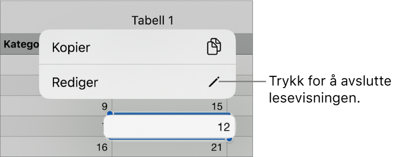 En tabellcelle er markert, og over den vises en meny med knappene Kopier og Rediger.