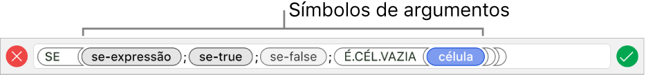 O editor de fórmulas a mostrar uma função com símbolos de argumentos.