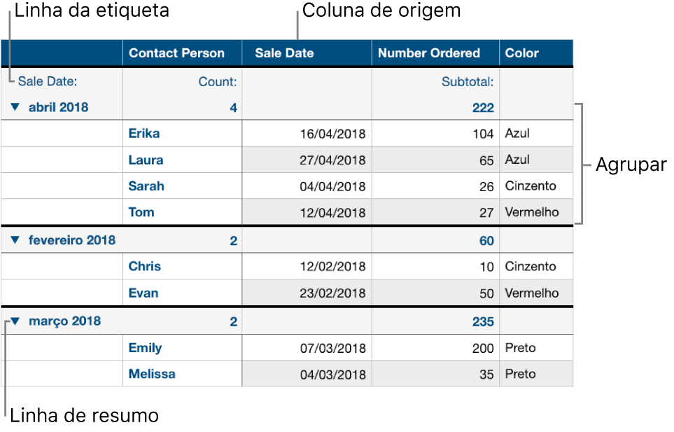 Uma tabela categorizada a mostrar a coluna de origem, grupos, linha de resumo e linha de etiqueta.
