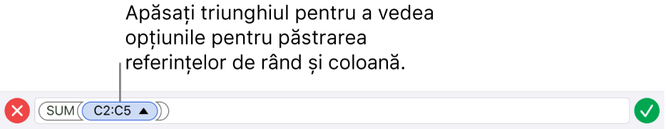 Editorul de formule arătând cum să păstrați referințele la rânduri și coloane atunci când celula este copiată sau mutată.