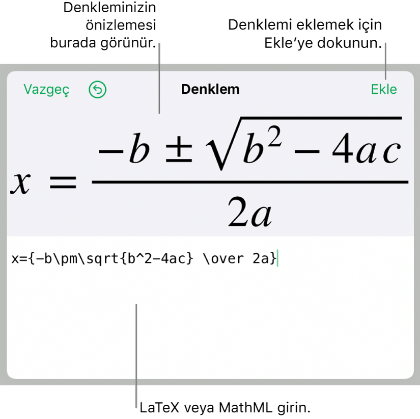 Denklem alanına LaTeX kullanılarak yazılmış ikinci dereceden formül ve altta formülün önizlemesi.