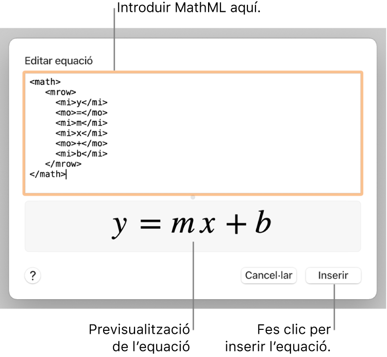 L’equació del pendent d’una línia al camp “Editar equació” i una previsualització de la fórmula a sota.