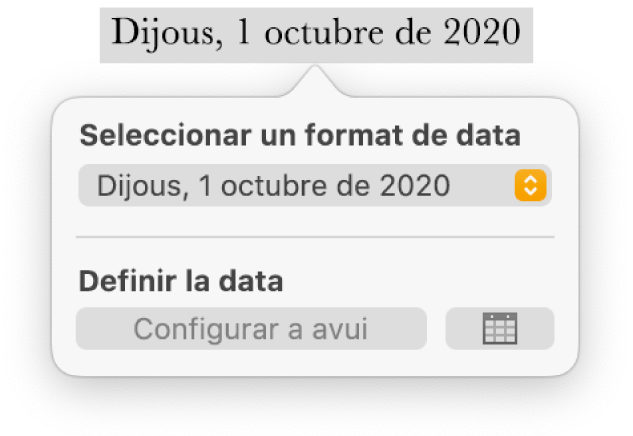 Els controls “Data i hora”, en què es mostra un menú desplegable per al format de la data i el botó “Configurar a avui”.