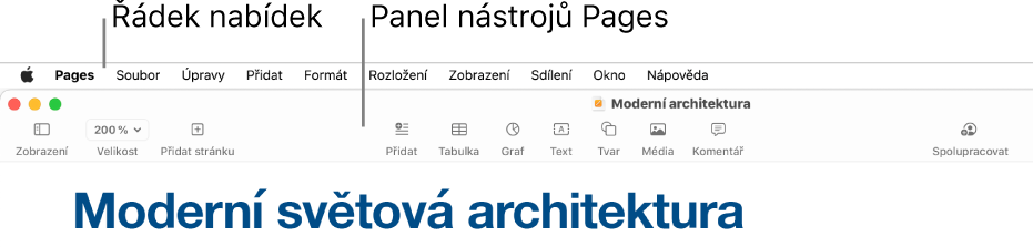 Řádek nabídek u horního okraje obrazovky s nabídkami Apple, Pages, Soubor, Upravit, Přidat, Formát, Rozložení, Zobrazení, Sdílení, Okno a Nápověda. Pod řádkem nabídek je otevřený dokument Pages, v horní části je panel nástrojů s tlačítky Zobrazení, Velikost, Přidat stránku, Přidat, Tabulka, Graf, Text, Tvar, Média a Komentář.