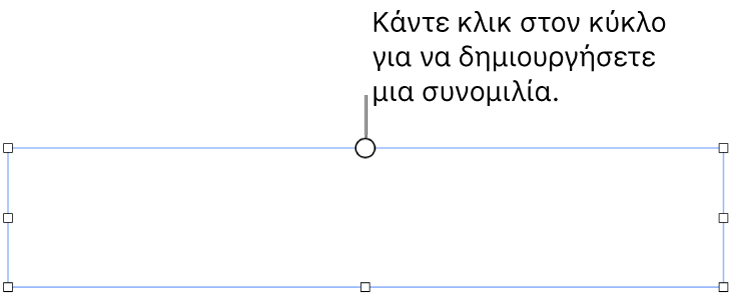 Ένα κενό πλαίσιο κειμένου με έναν λευκό κύκλο στο πάνω μέρος και λαβές αλλαγής μεγέθους στις γωνίες, στο πλάι και στο κάτω μέρος.