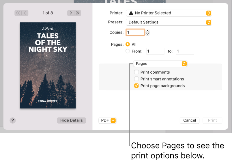 Print dialogue with controls for printer, presets, copies and page range. Pages is selected in the pop-up menu below the settings for page range, followed by tick boxes to print comments, print smart annotations and print page backgrounds.