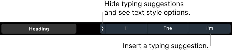 The MacBook Pro Touch Bar with controls for choosing a text style, hiding typing suggestions and inserting typing suggestions.