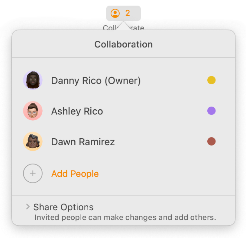 The Collaboration menu showing the names of people collaborating on the document. Share options are below the names.